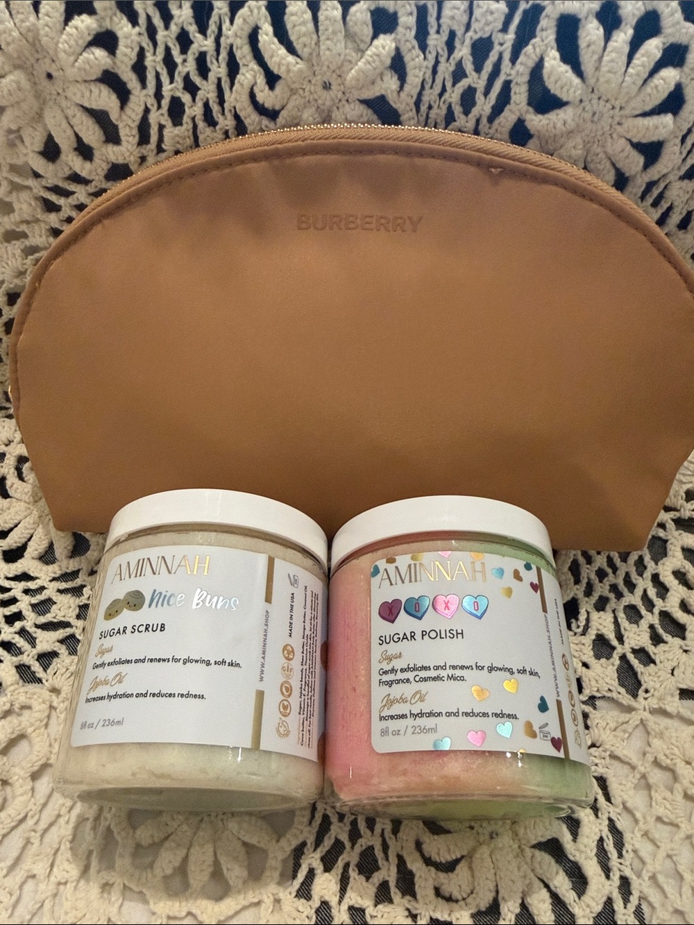 Aminnah Two‑Jar Sugar Scrub & Sugar Polish Duo With Burberry Toiletry Bag